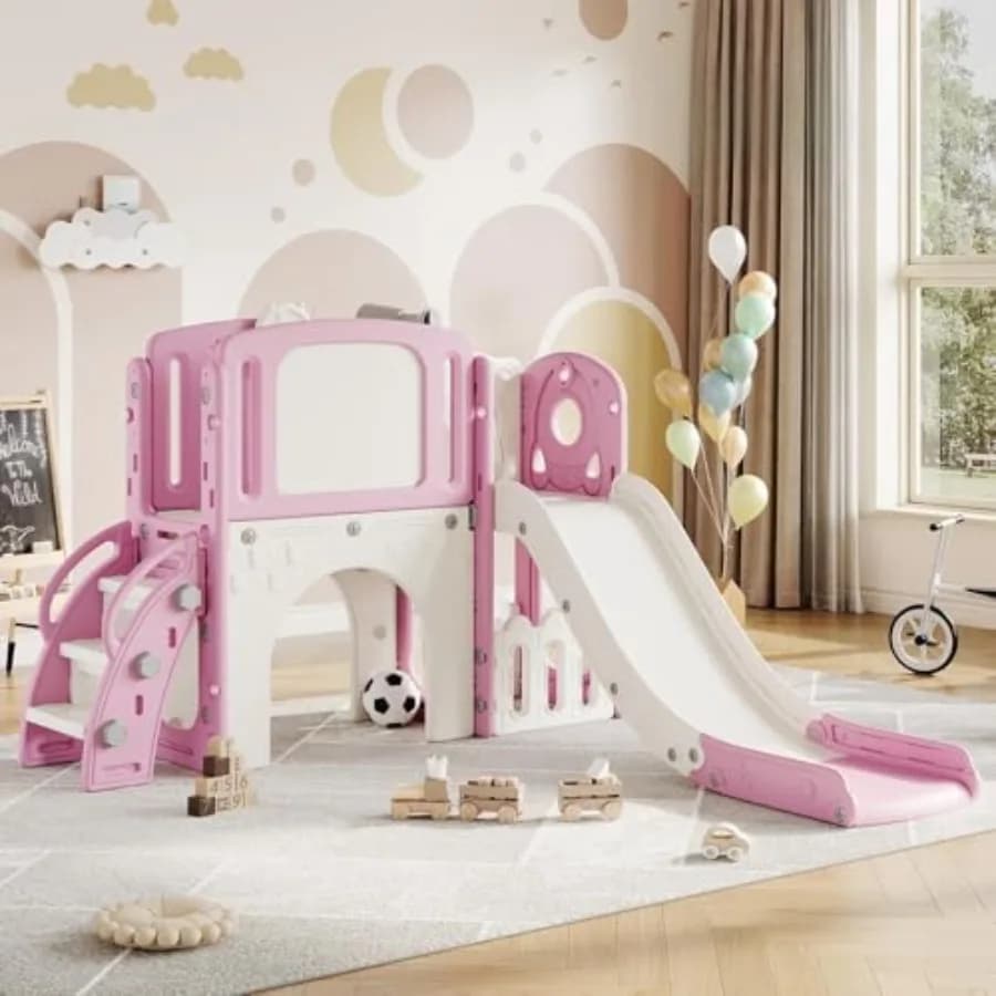 Set da gioco per bambini 8-in-1 con scivolo per interni ed esterni, include arrampicata, canestro da basket, telescopio, tunnel e vano portaoggetti