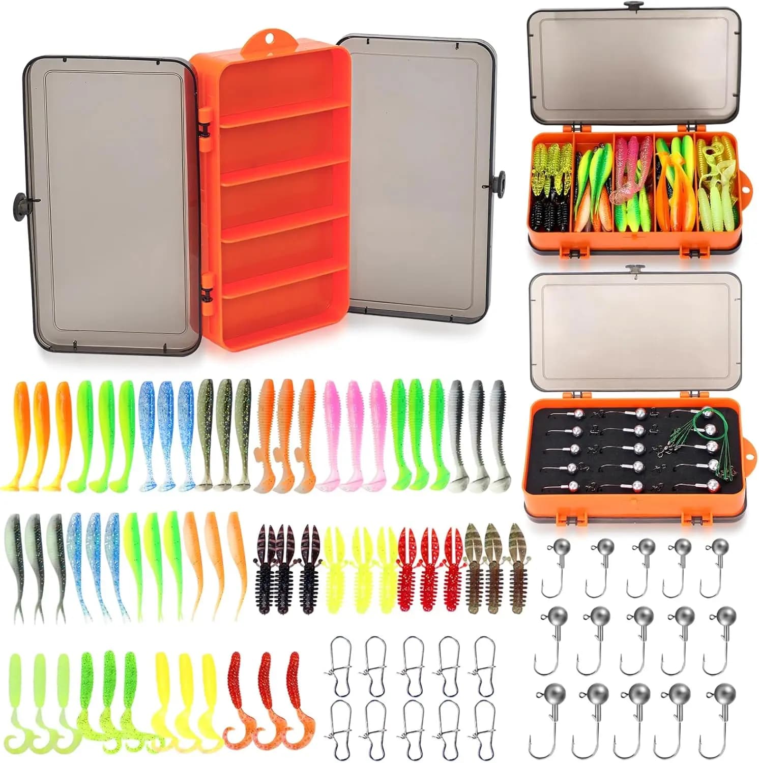 Kit di 91 Esche da Pesca con Scatola Porta Attrezzi, Esche Morbide, Grubs e Teste Piombate per Bass, Trota, Acqua Dolce e Salata