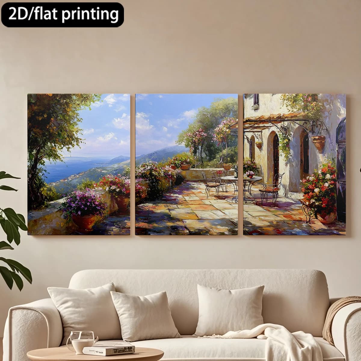 Decorative painting on canvas with wooden frame, 3 pieces. Charming Mediterranean terrace, flowerpots. Tende per camera da letto ikea.