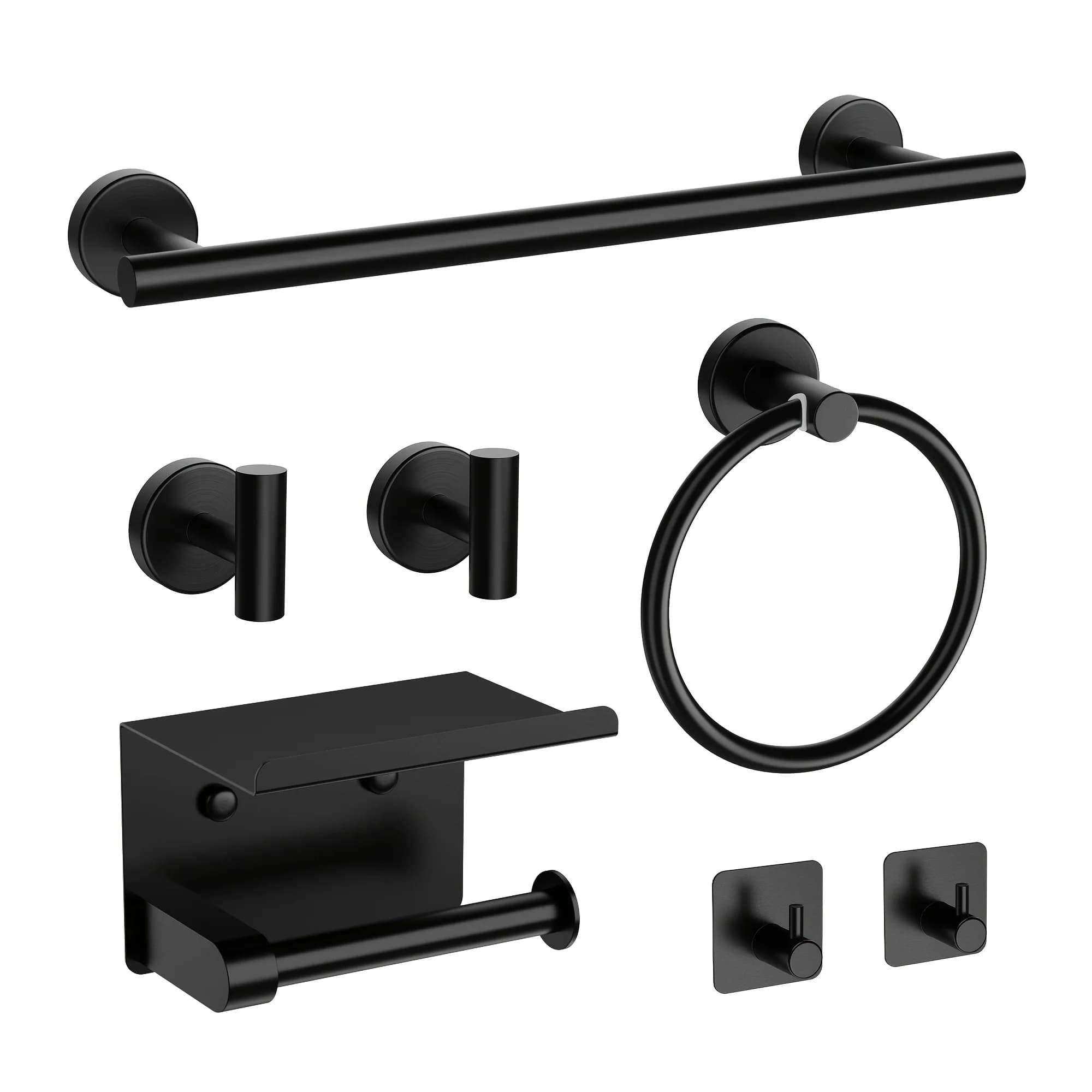 7-Piece Black Bathroom Towel Set – 16-Inch Towel Bar, 2 Towel Hooks, 2 Bath Ball Hooks, 1 Towel Ring, 1 Toilet Paper Holder – Modern Wall-Mount Design, Simple Installation, Sleek Finish