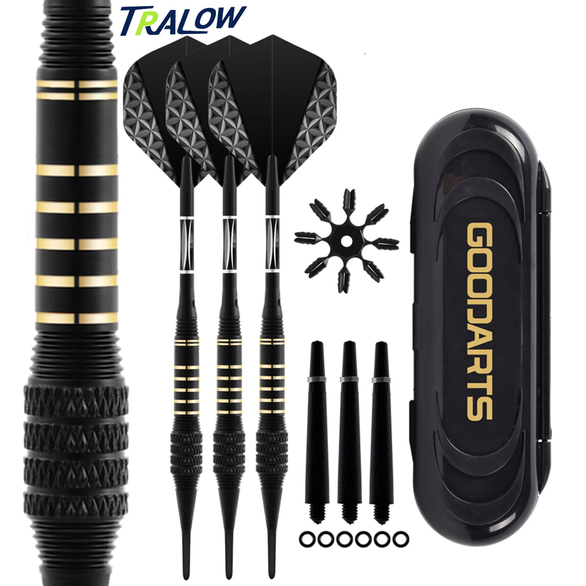 TRALOW Set di freccette professionali con punta morbida da 18 grammi con 6 aste per freccette 6 anelli in gomma, scatola regalo, per giochi da competizione/ufficio