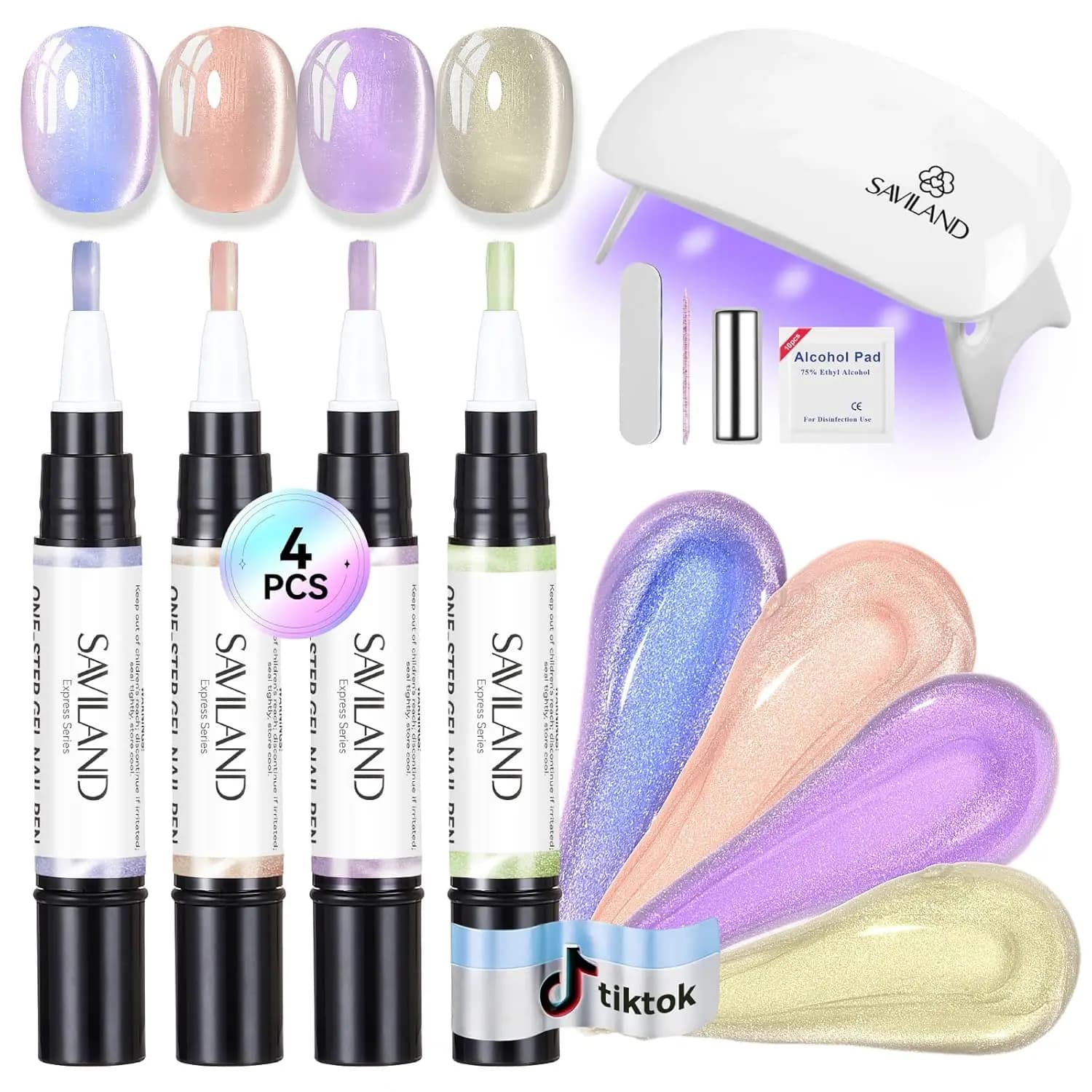 Set di 4 Penne Smalto Gel Effetto Occhio di Gatto con Lampada UV, Base e Colore in Un Unico Passaggio, Asciugatura Rapida 4ml Ciascuna, Kit da Viaggio per Principianti