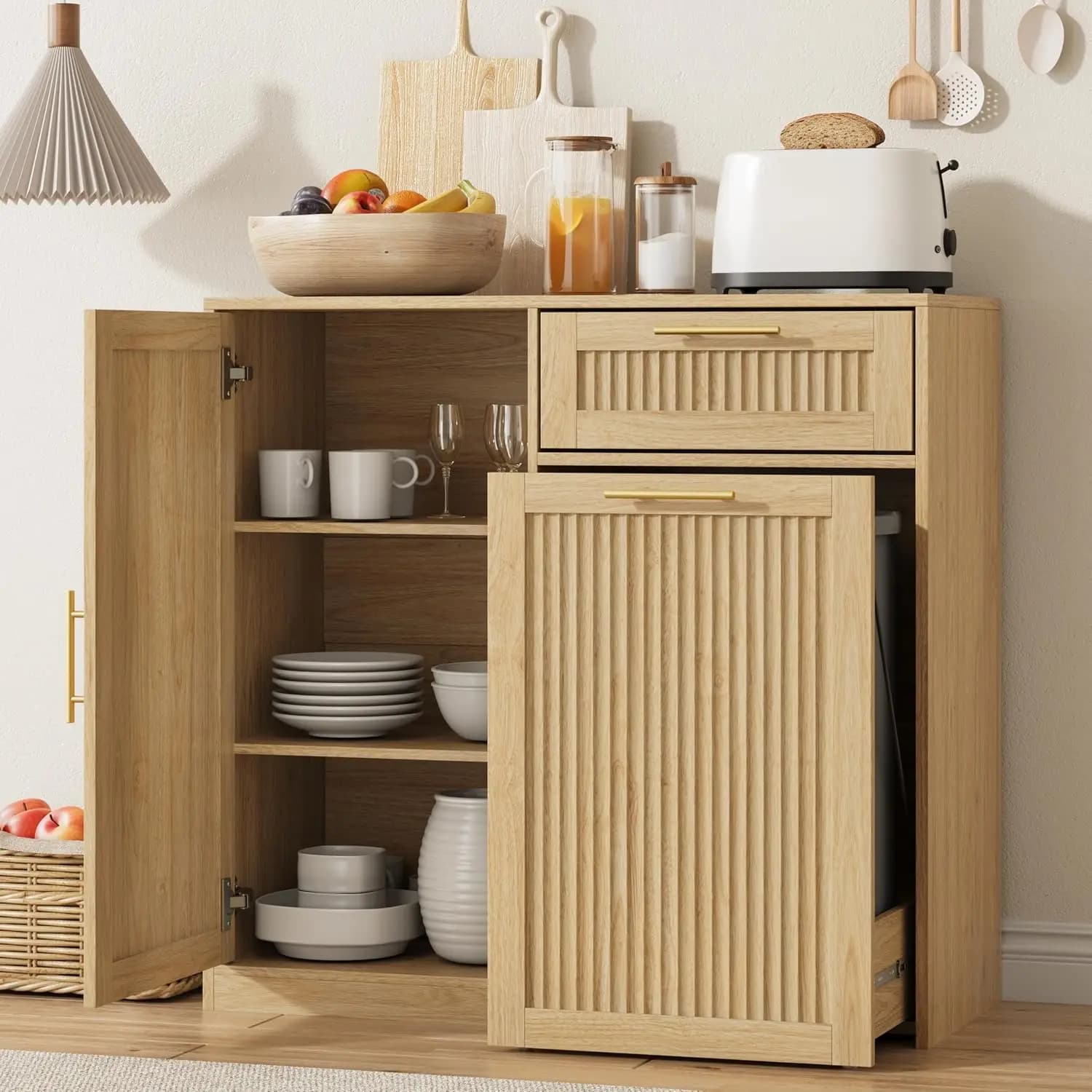 13 Gallon Pull Out Trash Can Cabinet with Storage Hidden Garbage Recycling Bin Pet Proof Kitchen Island Laundry Hamper for Dining Room Living Room Natural Oak