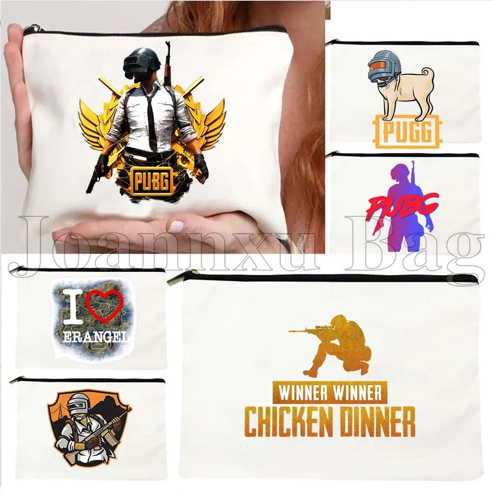 PUBG Guy Vincitore mobile Cena di pollo Simpatico casco carlino divertente Regali Borsa per cosmetici in tela Borsa da toilette per trucco Astuccio con cerniera
