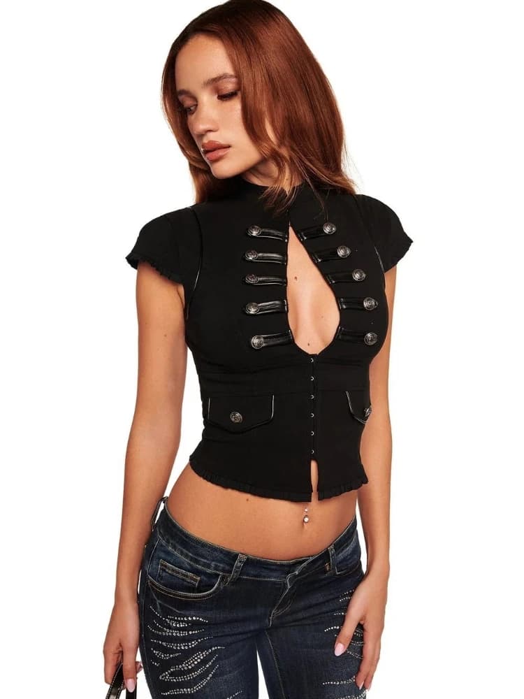 Women Gothic Military Button Corset Top Cap Sleeve Stand Collar Slim Crop Top Y2K Punk Darkwear Club Party Fitted Vest Blouse