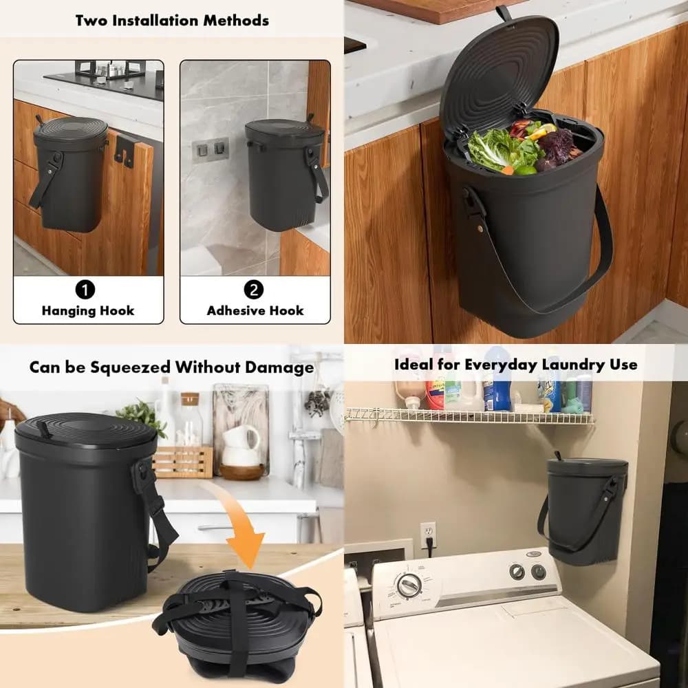 Cestino per compost da cucina pieghevole in silicone, pattumiera sospesa da 2 galloni con coperchio per armadio, bagno, camera da letto, ufficio, campeggio