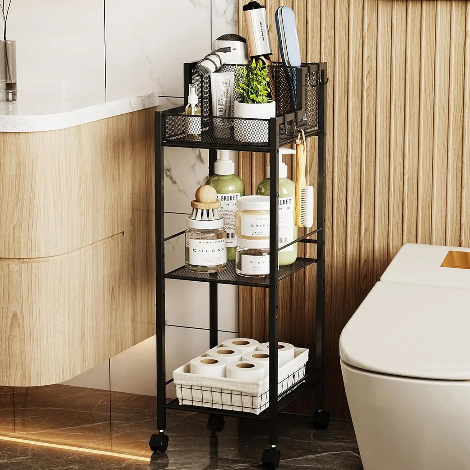 Organizzatore per Strumenti per Capelli a 3 Livelli in Metallo per Bagno, Carrello Portaoggetti per Ferro Arricciacapelli e Piastra, Supporto da Terra per Vanity