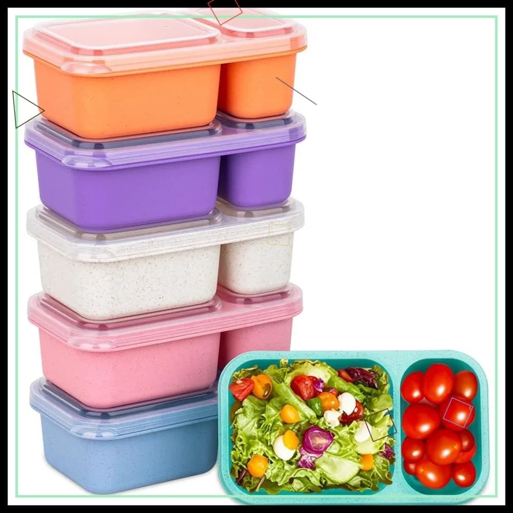 Set di 6 Contenitori per Snack in Paglia di Grano con 2 Scomparti, Scatole Bento Riutilizzabili per Preparazione Pasti e Spuntini da Asporto