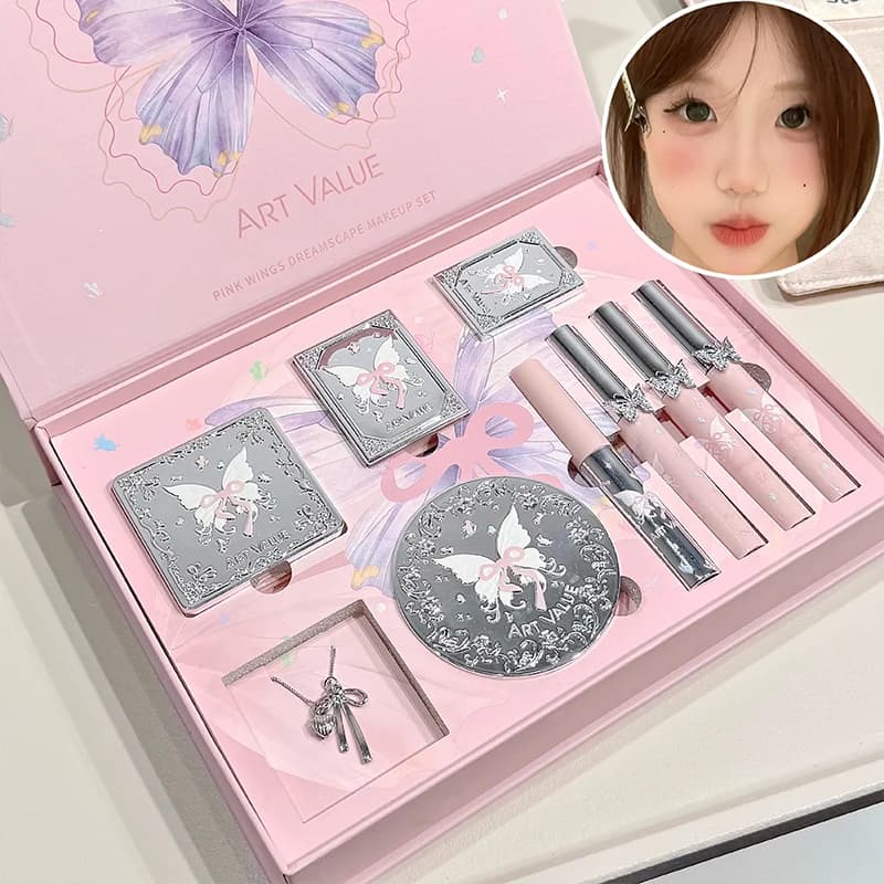 Set Regalo Trucco Pink Wings Dreamscape - Kit Completo All-in-One con Ombretto, Blush, Cipria Fissante, Lucidalabbra, Styling Sopracciglia