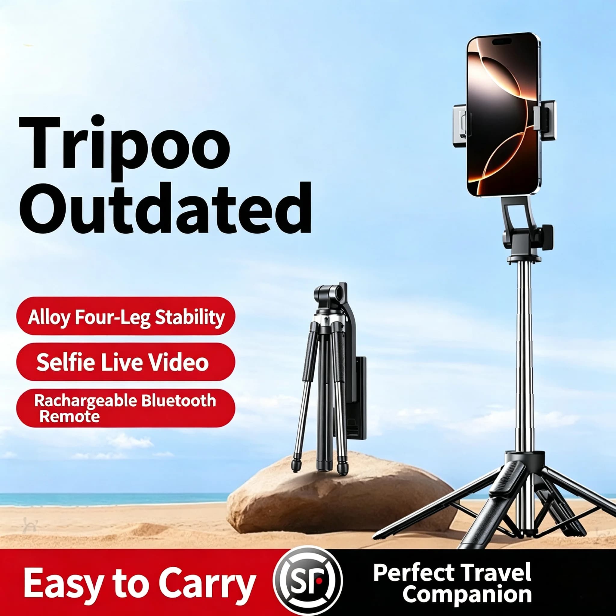 Selfie stick with tripod, portable for outdoor travel, phone holder for selfies, 360-degree rotation, live streaming, and concer