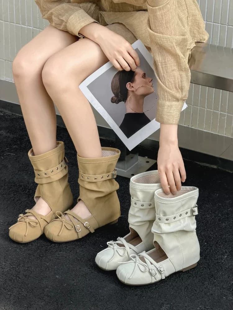 Korean Style Mary Jane Flat Boots Women's Summer Outdoor Ballet Boots round Head Belt Buckle Mid-Calf Heightening Shoes