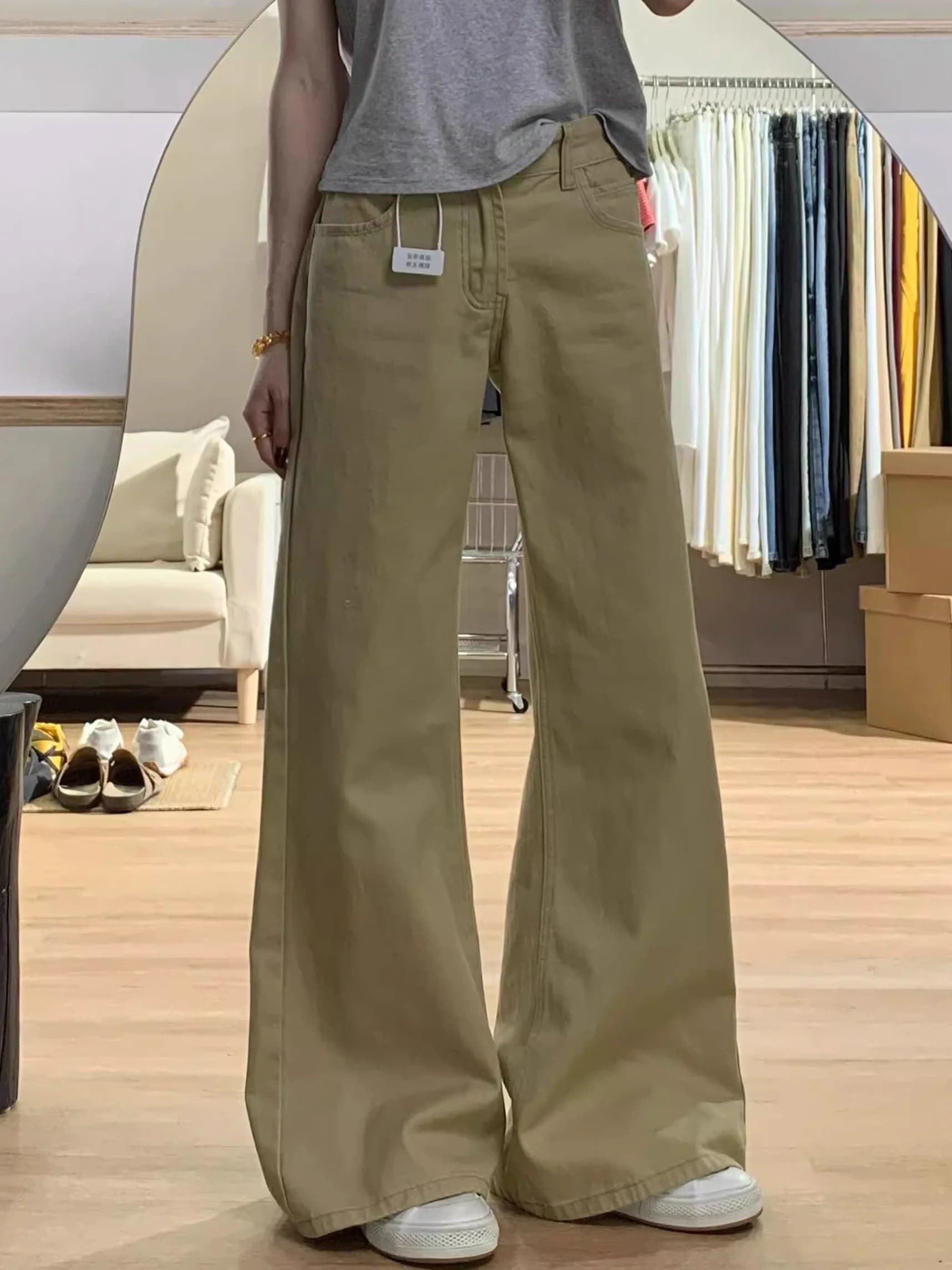 Petite Women American Khaki Low Waist Slightly Flared Jeans No Leg Sticking Loose Fit Slimming Wide Leg Drape Pants
