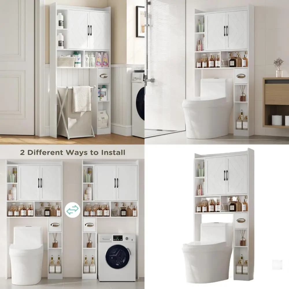 Bathroom cabinet over the toilet with adjustable shelves, toilet paper and double doors, white bath organizer