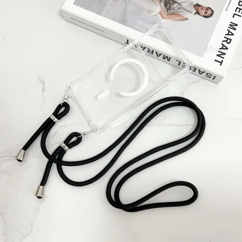 Custodia con cinturino antiurto per iPhone 17 Pro Max 17 Air 16 Plus 16Pro Magsafe Cordino magnetico con cordino trasparente Cover trasparente