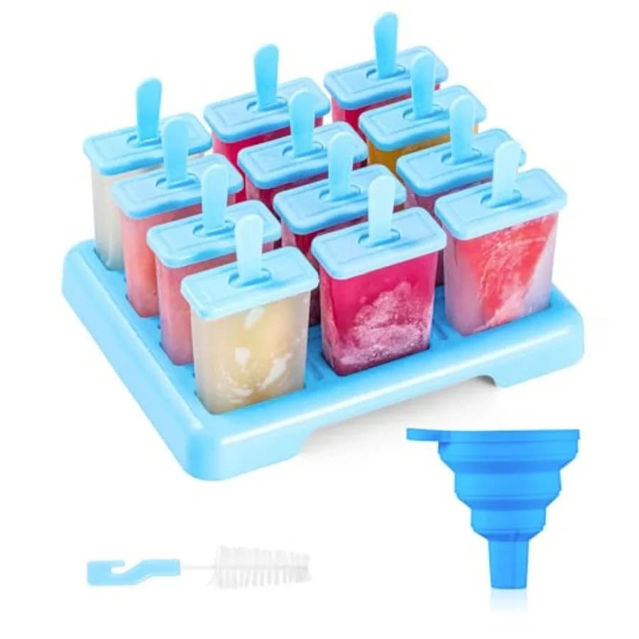 Stampi per ghiaccioli, 12 stampi riutilizzabili per ghiaccioli con supporto, imbuto pieghevole e spazzola per la pulizia, stampo per ghiaccioli senza BPA per uso domestico