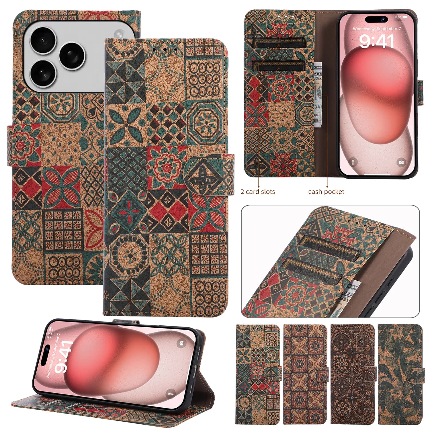 Magnetic Flip Wallet Card Leather Phone Case For iPhone 17 16 15 14 Plus 13 12 Pro Max Air Luxury Retro Classical Pattern Cover