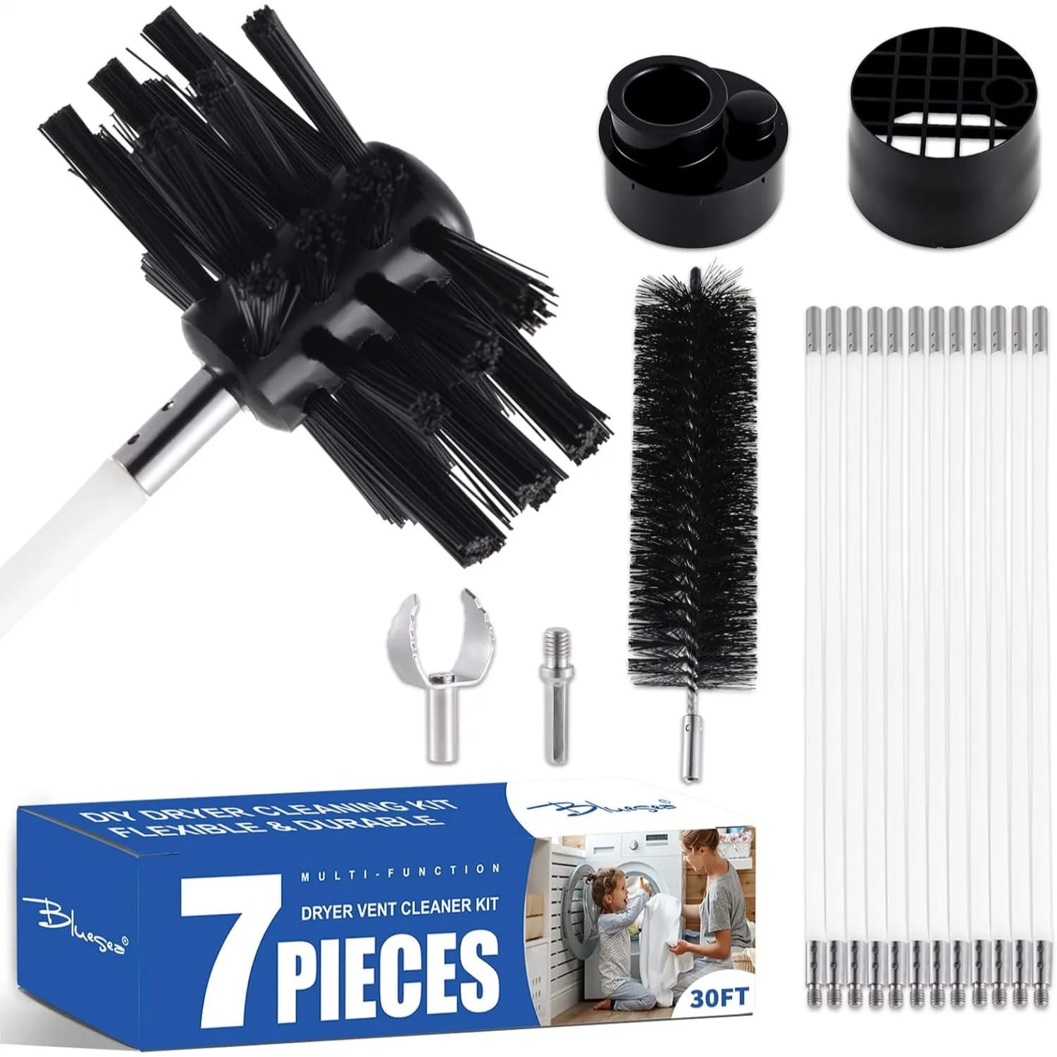 Kit per la Pulizia del Condotto dell'Asciugatrice da 30 Piedi con Spazzole in Nylon Rinforzato e Adattatore per Aspirapolvere