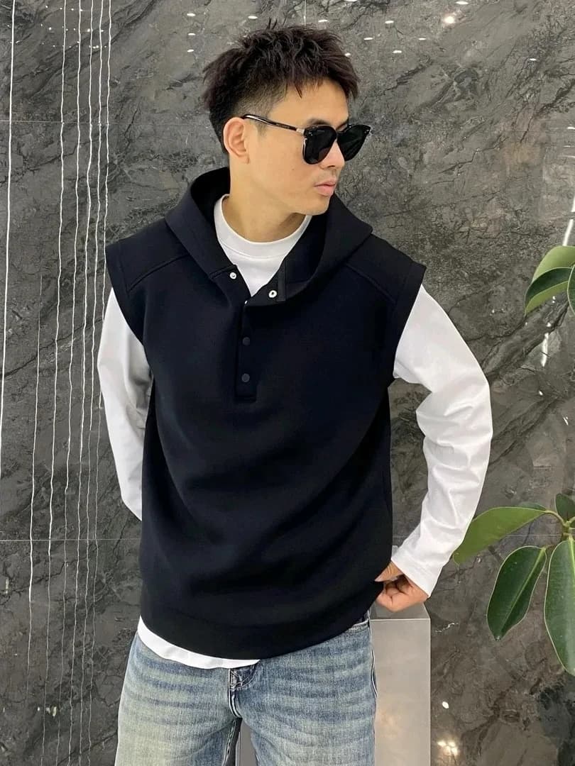 Nuovo Gilet con Cappuccio e Bottoni Stile Coreano da Uomo, Gilet Casual Estivo con Spalline Imbottite alla Moda per Giovani