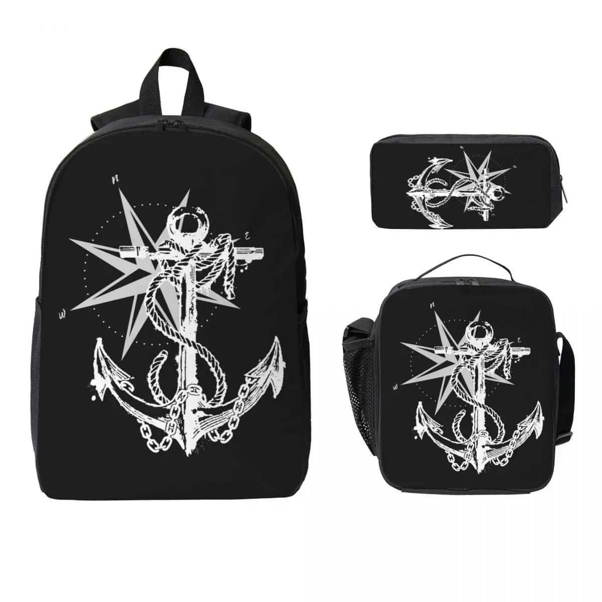 Nautical Compass Captain Anchor Boat Backpack BookBag School Bag Computer Shoulder Bags 3ps Insulated Lunch Bag Pencil Case