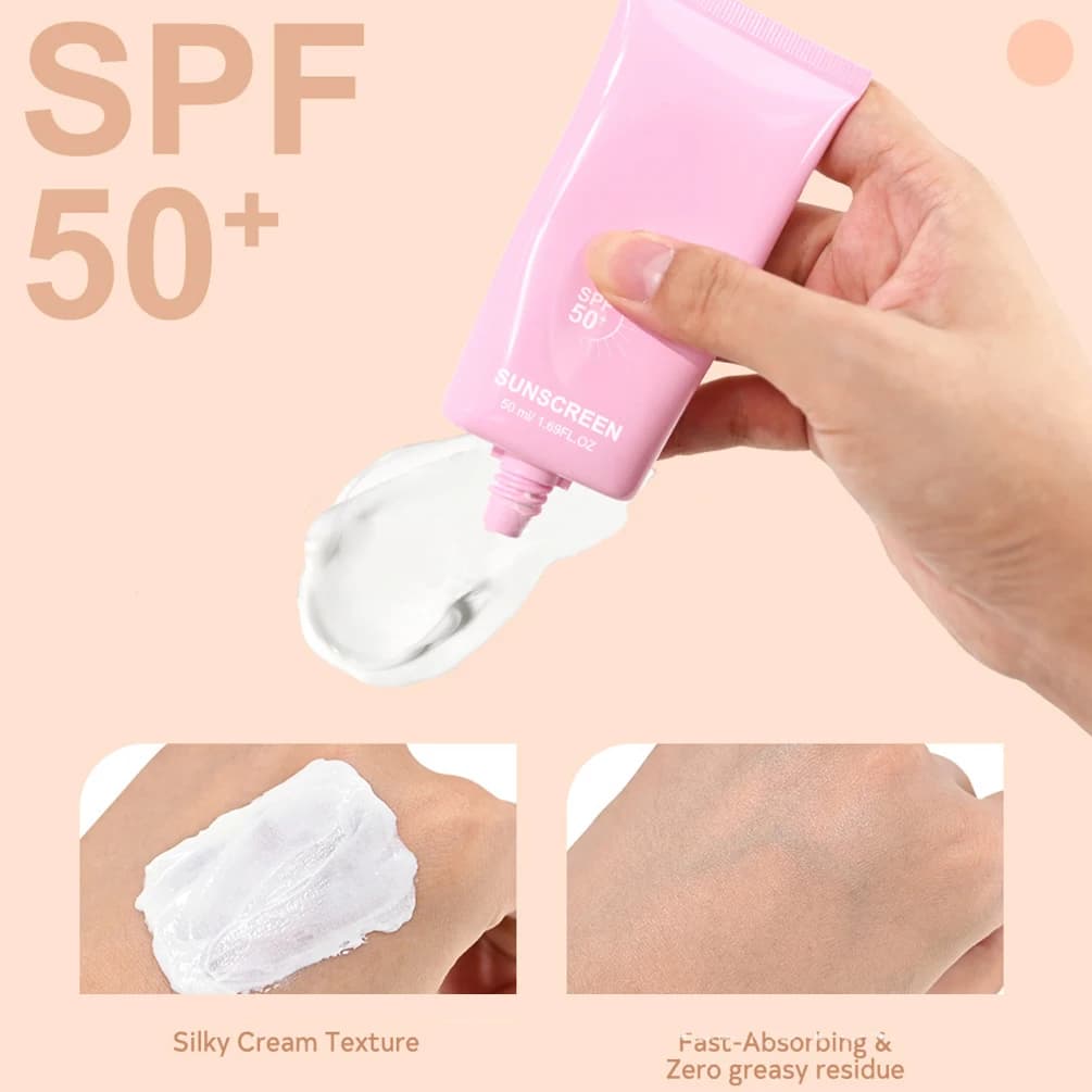 Etichetta privata Protezione solare da 50 ml Logo personalizzato SPF50+ Idratante Radiant Trucco impermeabile a lunga durata Confezione rosa vegana