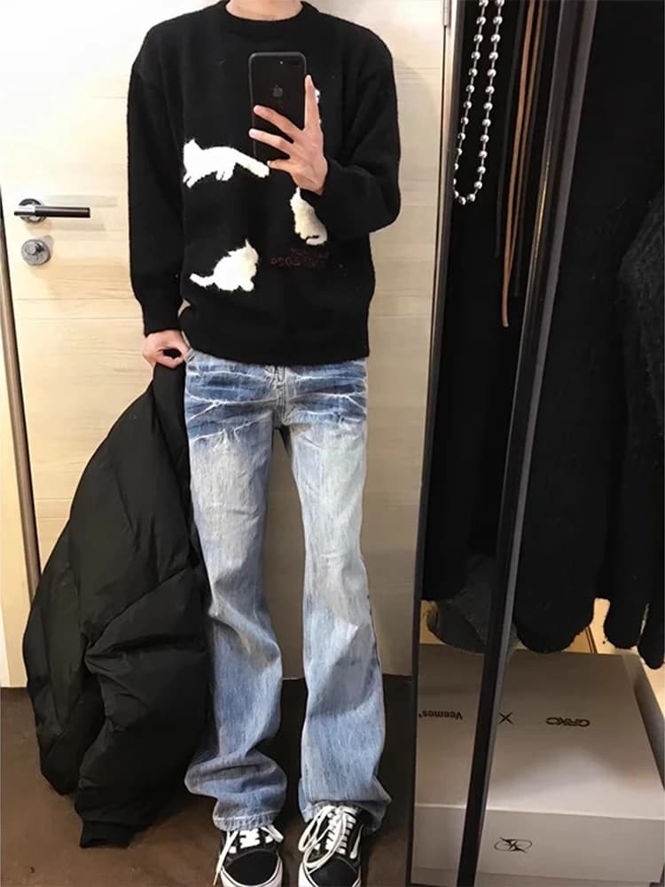 Cleanfit Blue Lightning Pattern American High Street Cool Straight Leg Jeans Men's Fashionable Cuffed Pants Youth Trendy Denim
