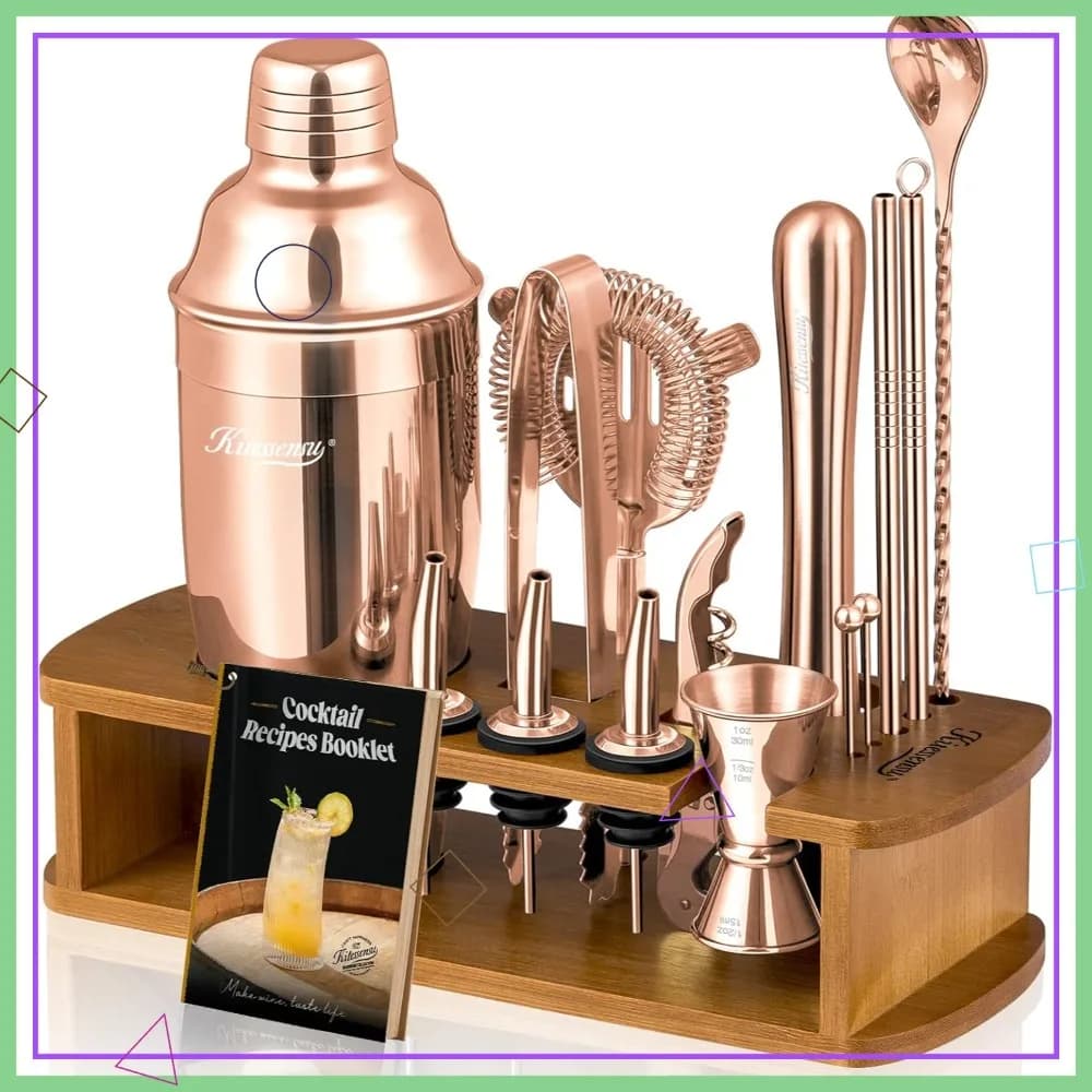 Set Shaker per Cocktail in Oro Rosa con Supporto - Kit Completo da Barman Include Jigger, Colino, Cucchiaio e Altri Utensili da Bar