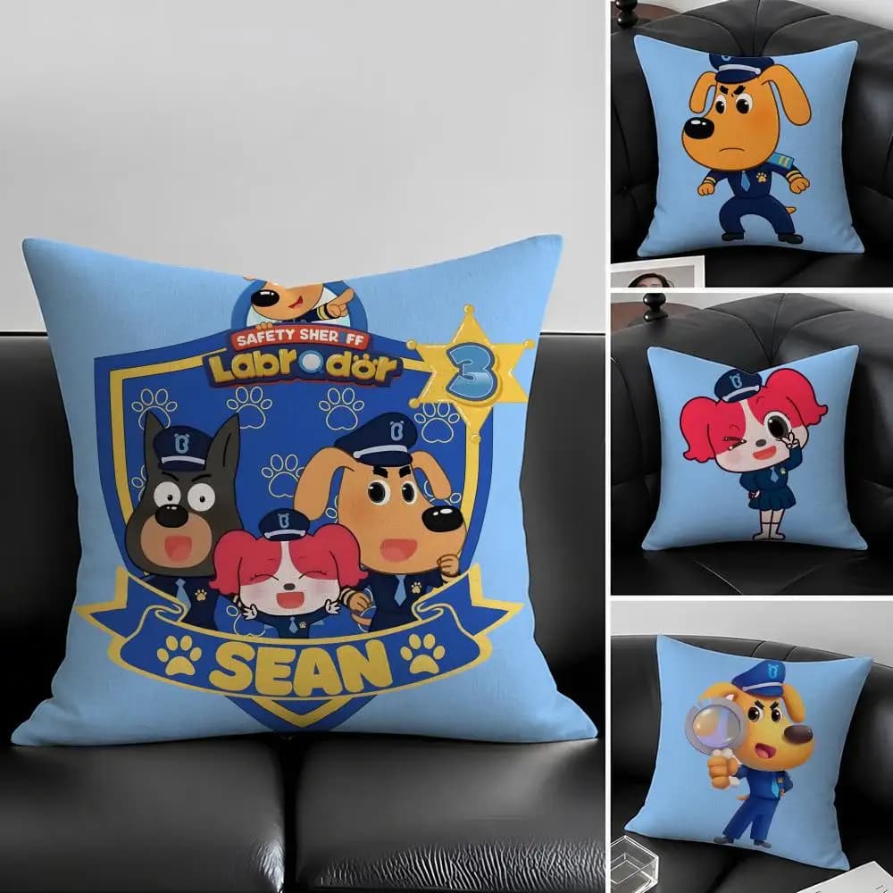 Cartoon Safety Sheriff Labrador Cushion Cover Natural Linen Pillowcase Set, All-in-One Decor for Sofa, Bedroom & Chair