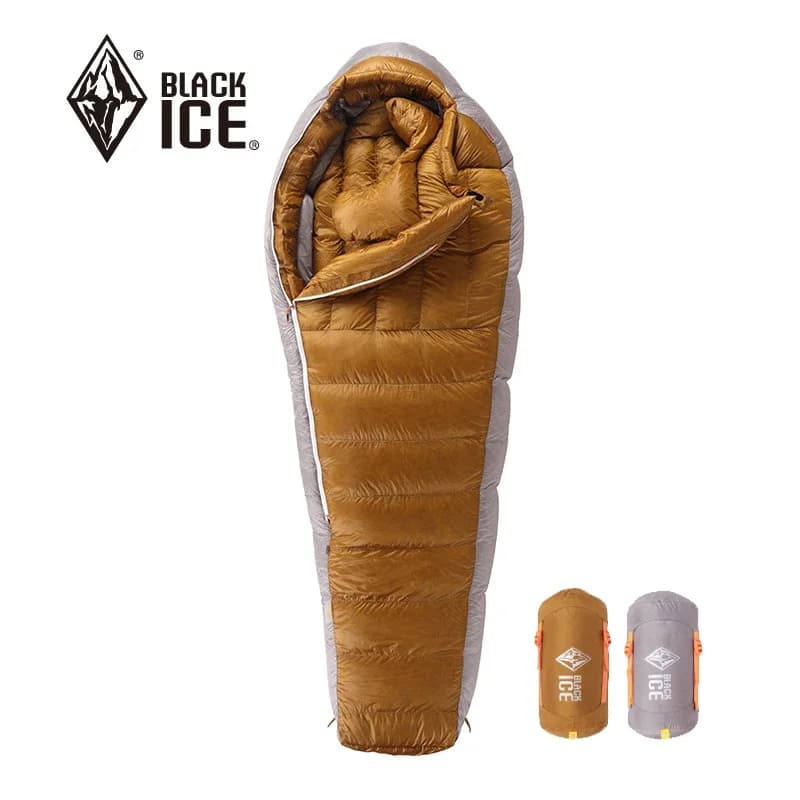Sacco a Pelo Black Ice Serie Z per Campeggio Invernale, 95% Piuma d'Oca, 800FP, Nylon 10D Resistente all'Acqua, Sacco a Pelo Mummia Ultra Caldo