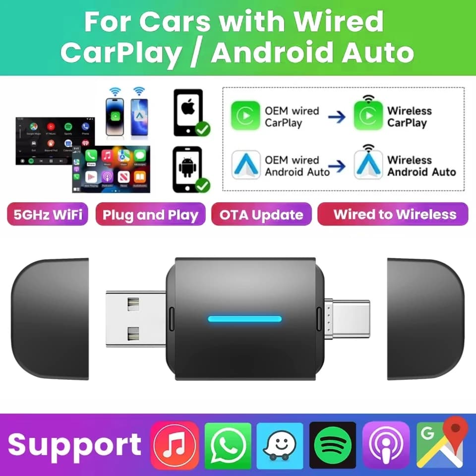 Wireless 2 adapter in 1 Anyfar 2026 for CarPlay and Android Auto, WiFi 5GHz, USB Type-C, Plug and Play