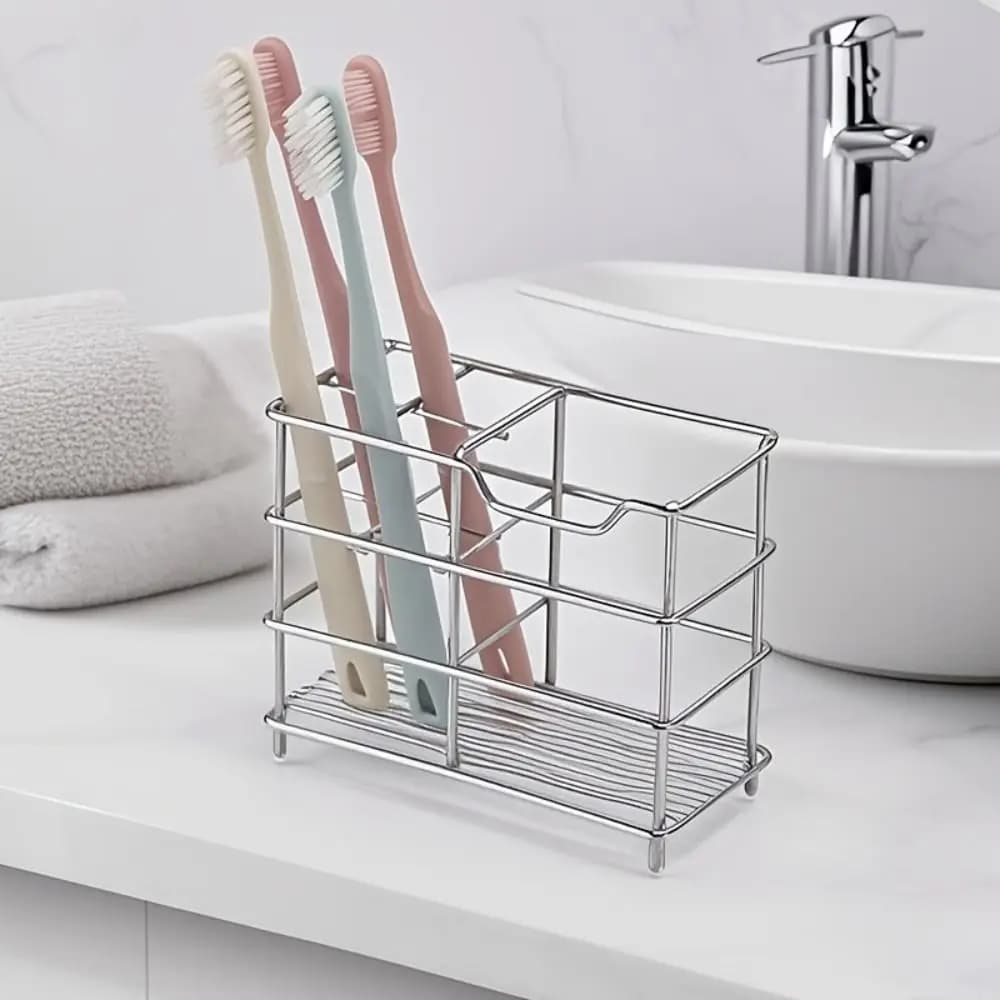 5-Slot Layout Toothbrush Holder Stainless Steel Freestanding Base Toothpaste Holder Space Saving Slatted Bottom Storage Holder