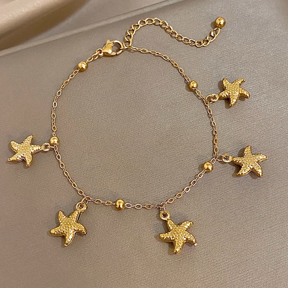 Stainless Steel Starfish Pendant Charm Tassel Bracelets for Women Men Bohemia Gold Plated Slim Chain Fashion Wrist Jewlery Gift