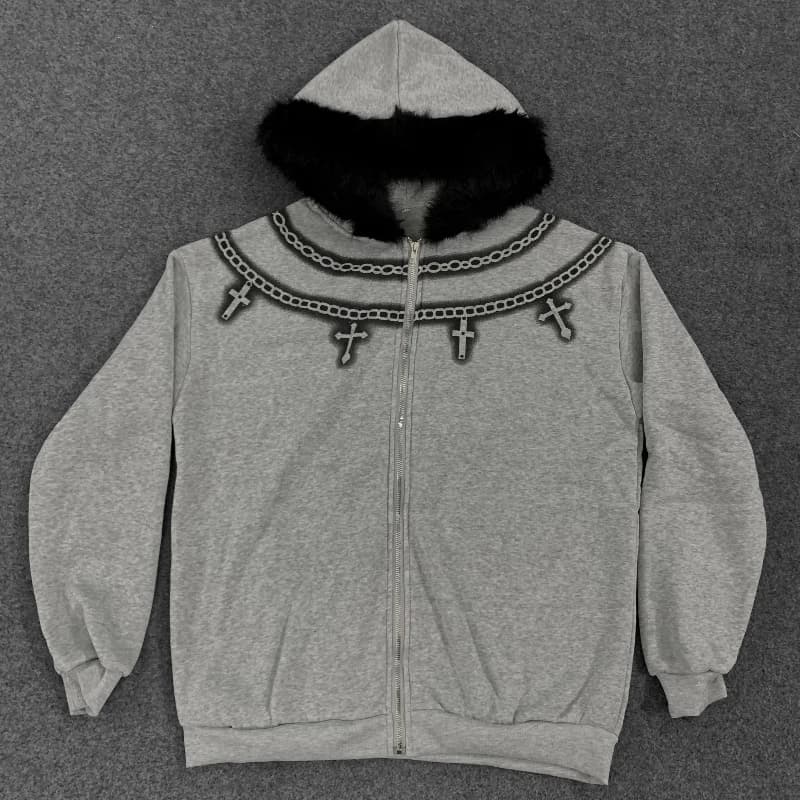 New plush collar printed zipper sports shirt long sleeved pullover hooded sweatshirt retro jacket street fashion