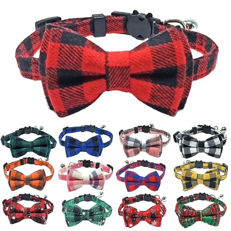Collare per gatti staccabile per animali domestici Papillon e campana Collare per cani regolabile elastico rosso natalizio scozzese carino con fascia Piccola campana per gatti