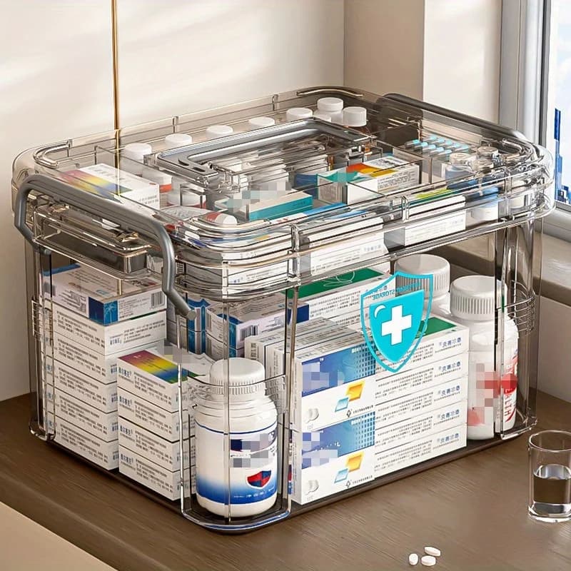 Organizzatore di medicinali impermeabile a doppio strato - Scatola portaoggetti trasparente multiscomparto per forniture di pronto soccorso per la casa e la camera da letto