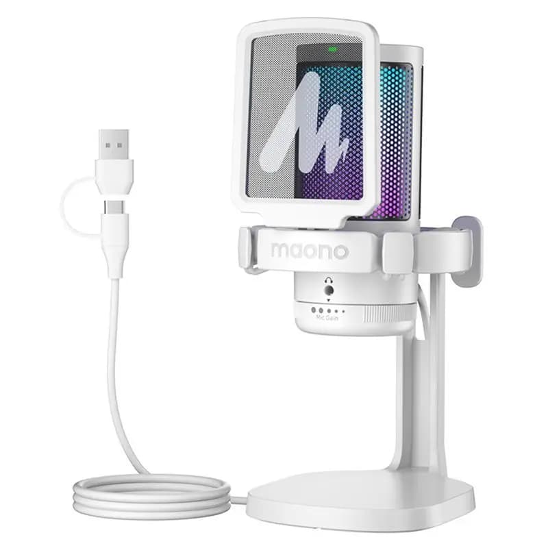 Maono DGM20 Microfono USB a condensatore RGB con software di riduzione del rumore per giochi di registrazione dal vivo Bianco 1 pezzo-ABPS
