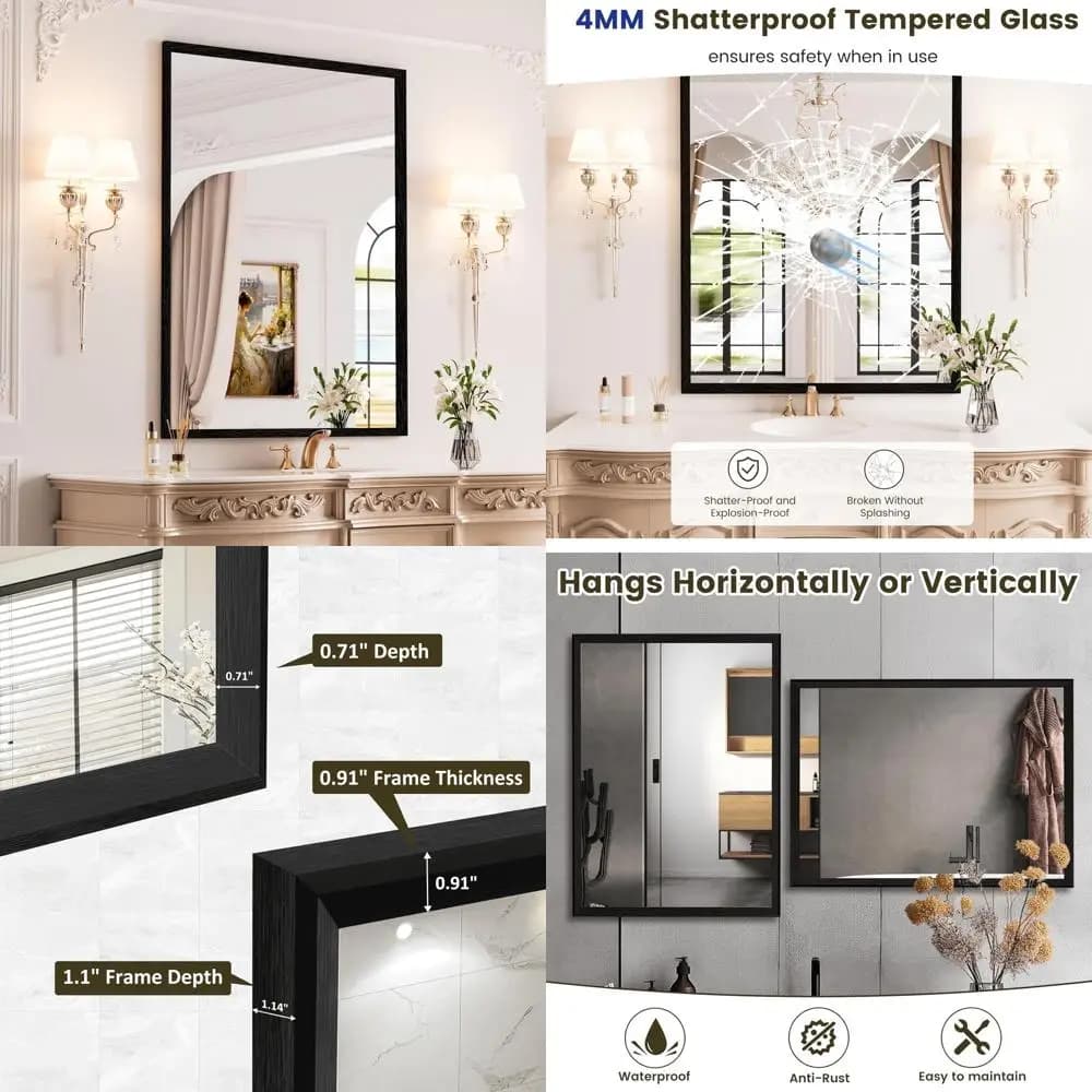 Specchio da bagno rettangolare nero opaco da 28x36 pollici, vetro temperato, antiruggine, opzioni pendenti versatili