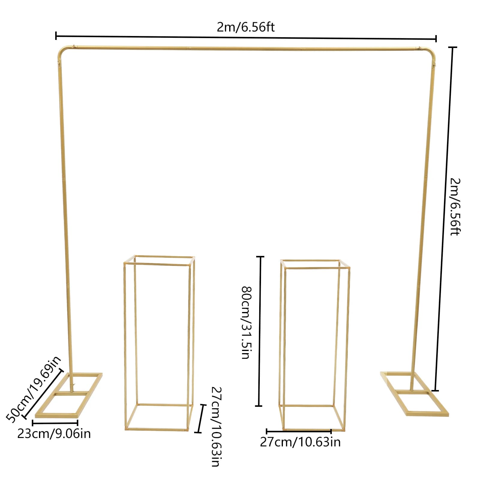 Gold Metal Wedding Stand Set: 2×2m Balloon Stand + 2 Flower Stands (10.63×10.63×31.5in), 17.6/11lbs Load—Tool-Free Assembly
