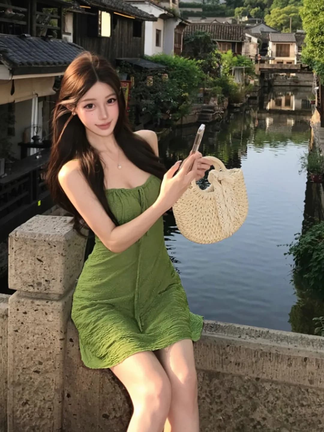 Korean Style Unique Beautiful Strap Dress Summer Slimming A-Line Short Skirt Elegant Waist-Cinching Cotton Blend Casual Dress