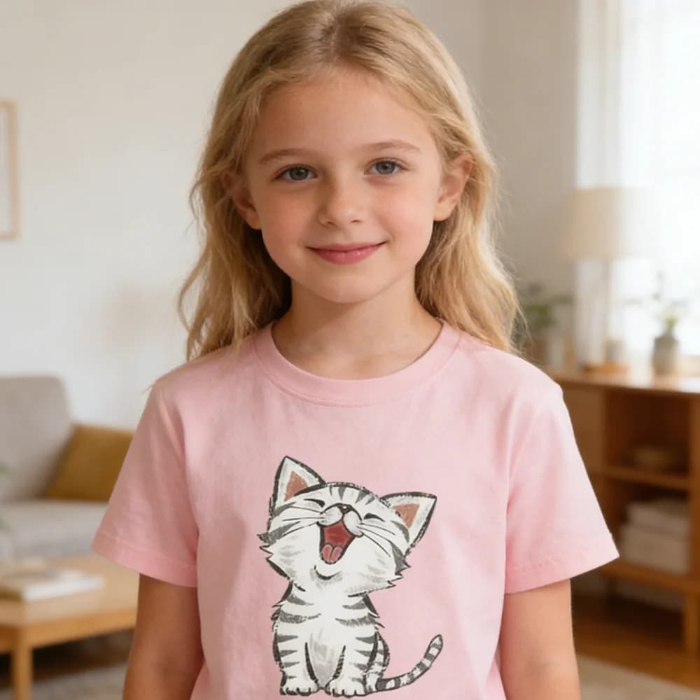 Maglietta con stampa di gattini carini per ragazze, bambini, manica corta, estiva, casual, in cotone, per bambini