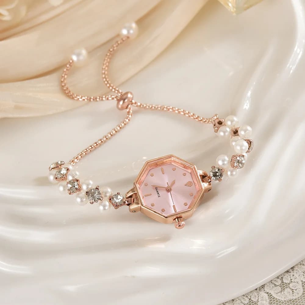 Women's wrist watch with pearl and diamond bracelet, Small Luxury dial, Adjustable Alloy Strap