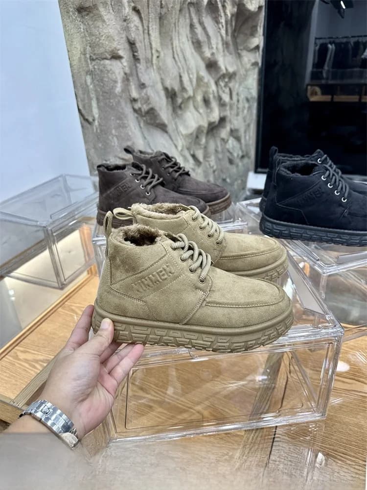 Men's Thickened Fleece Lined Snow Boots Warm Anti-slip Tie Closure Cotton Shoes Fashionable Winter Boots Casual Short Tube
