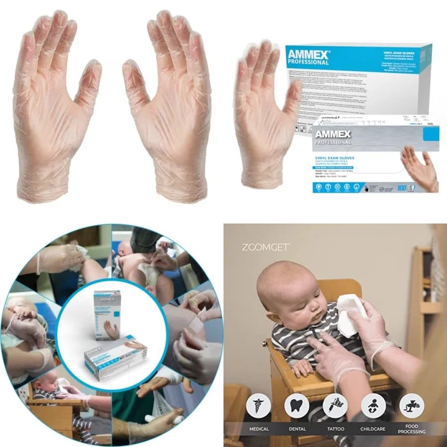Guanti Monouso in Lattice Senza Polvere, Trasparenti in Vinile, Grado Medico 3 Mil, per Medicina, Pulizia e Alimenti