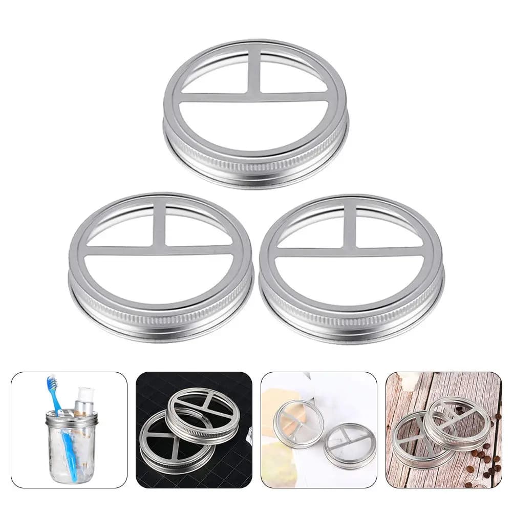 Set di 3 Coperchi per Barattoli Mason in Acciaio Inox, Riutilizzabili, con Scomparti Divisi per Spazzolini, Dentifricio e Rasoi
