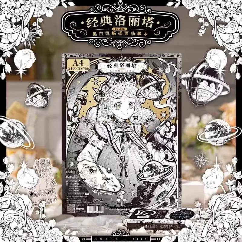 Feile Bird Sweet Lolita Copying Drawing Book - Black and White Line Sketch Coloring Classic Book - DIY Hand-drawn Girl Copying B