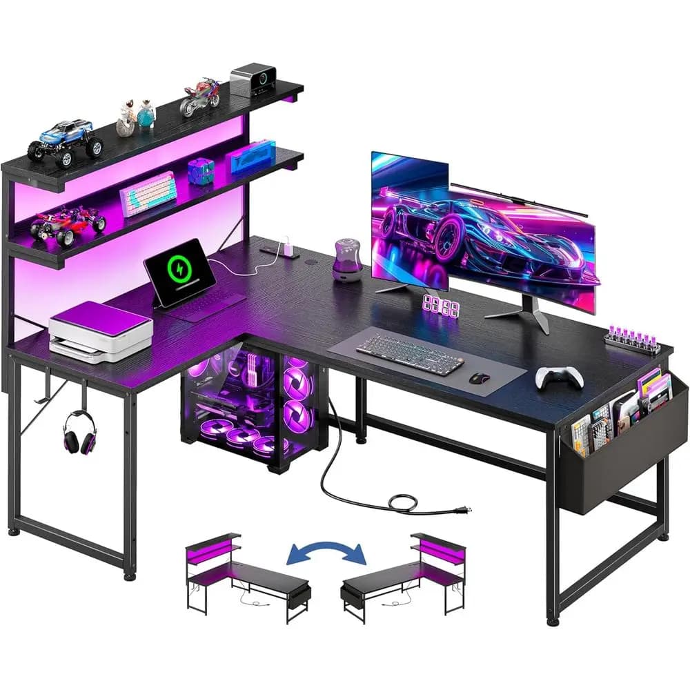 Scrivania a L da 53 Pollici per Gaming con Luce LED e Presa di Corrente, Scrivania per Computer a L Reversibile con Ripiano e Borsa Portaoggetti per Gamer