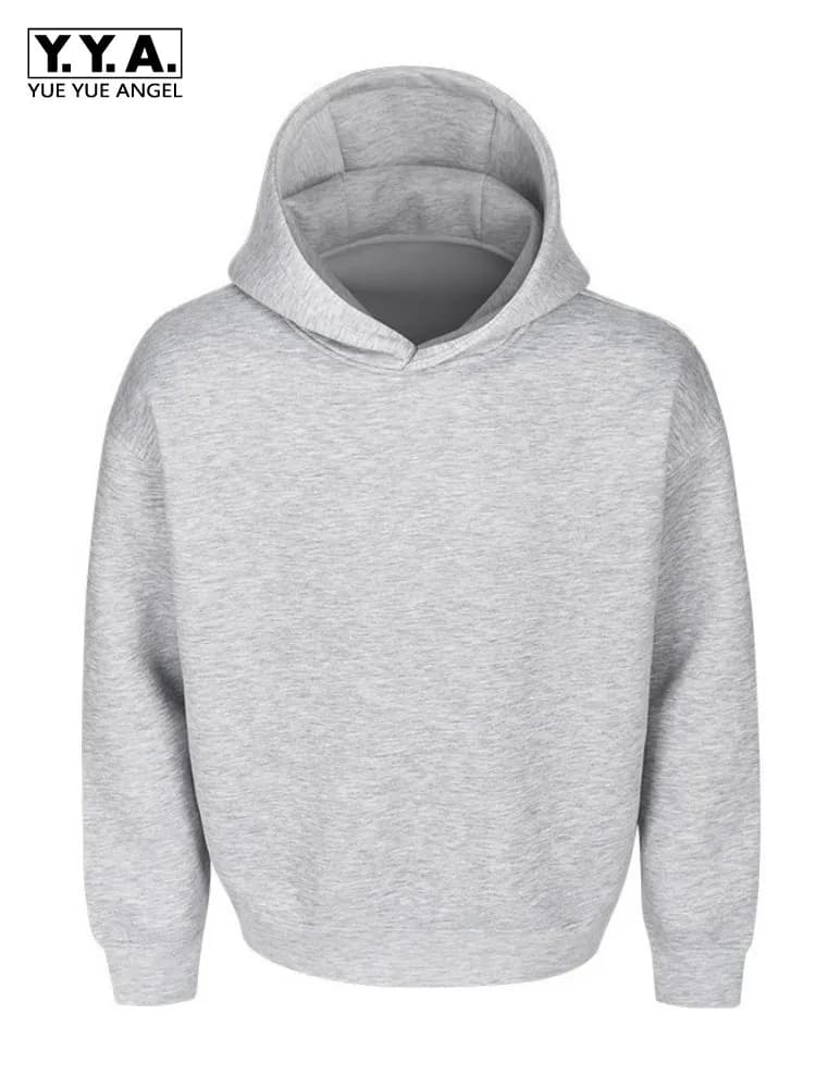 Mens Spring Autumn Loose Fit Streetwear Hooded Tops Long Sleeve Solid Color Short Hoodie Male New Casual Pullover Sweatshirt