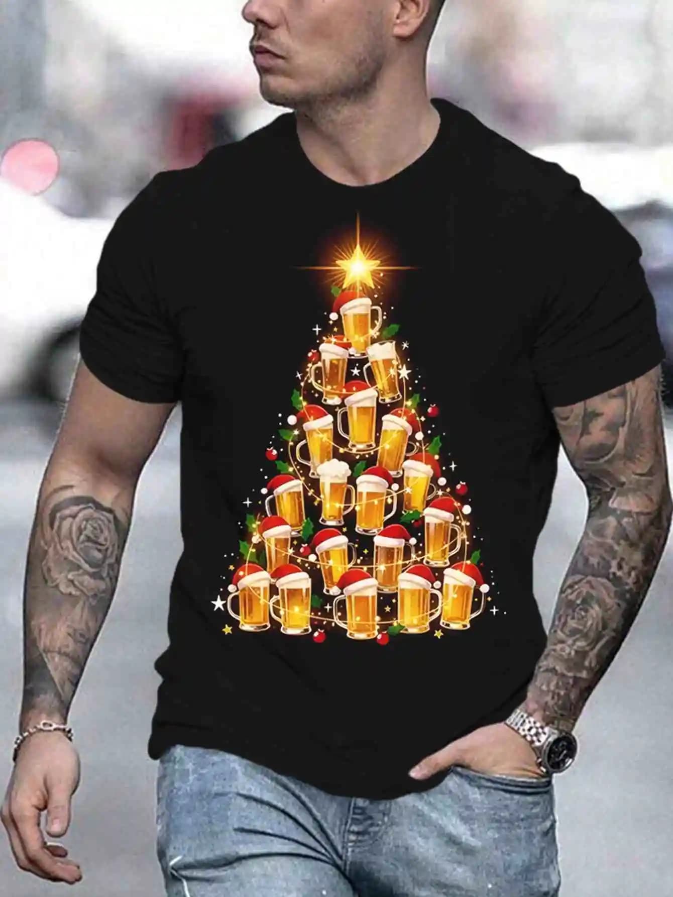 T-shirt - Maglietta nera casual a maniche corte con scollo rotondo e design con tazza di birra e bastoncino di zucchero, ideale per le vacanze