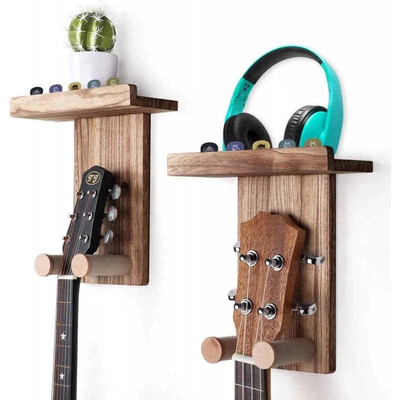 1-2-Pack Wooden Guitar Wall Mount with Shelf And Pick Holder Universal Hanger for Acoustic Electric Basses And Ukuleles