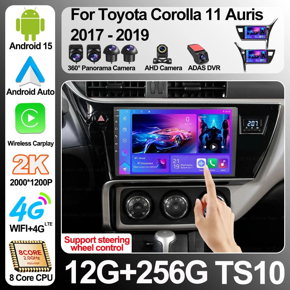 Autoradio Android 16 per Toyota Corolla 11 Auris 2017-2019, Lettore Multimediale Video 2K QLED, GPS Stereo, Carplay, Wifi, RDS