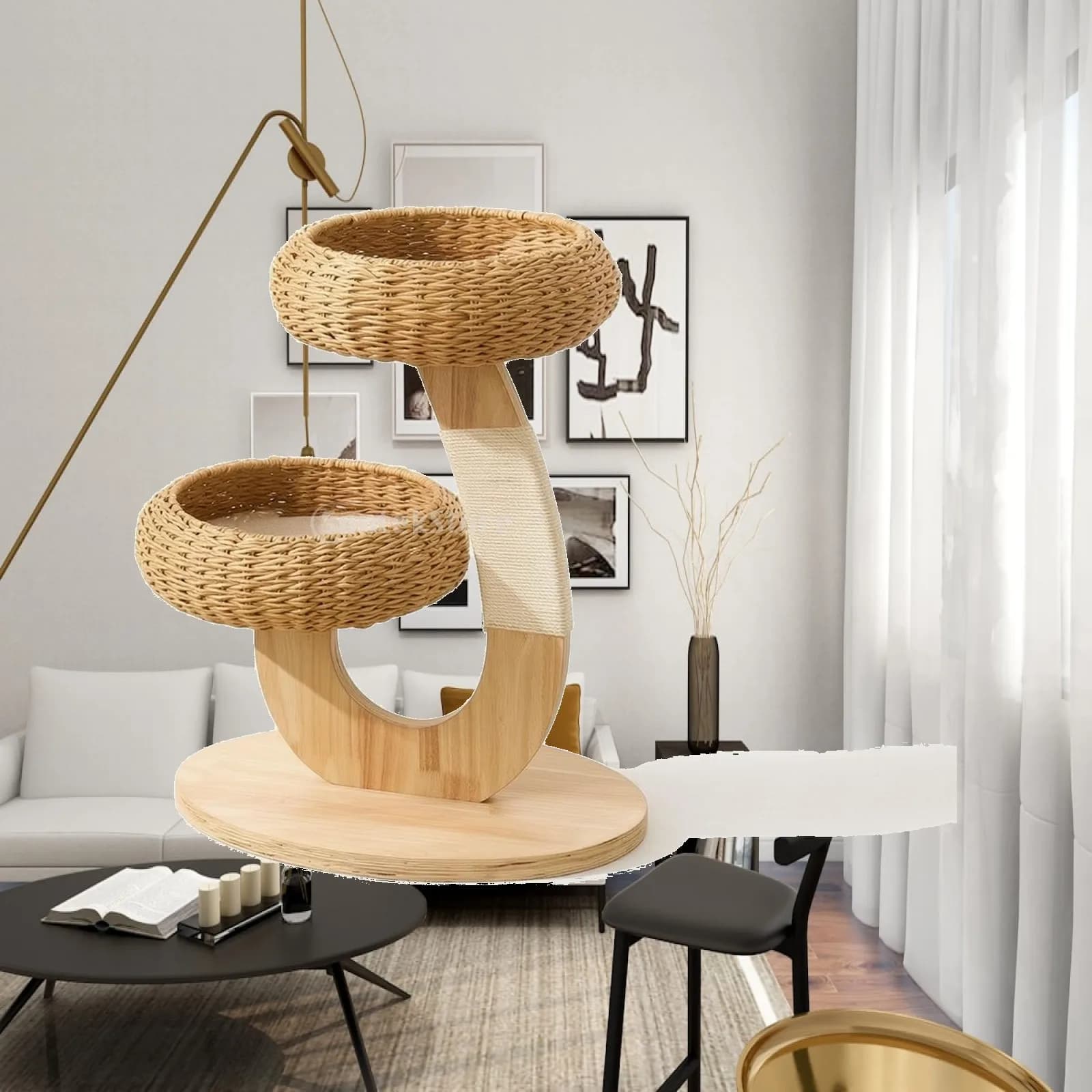 Wooden Pet Perch System with Rattan Perch Wood Feline Furniture for Cats, Kittens, Indoor, Living Room